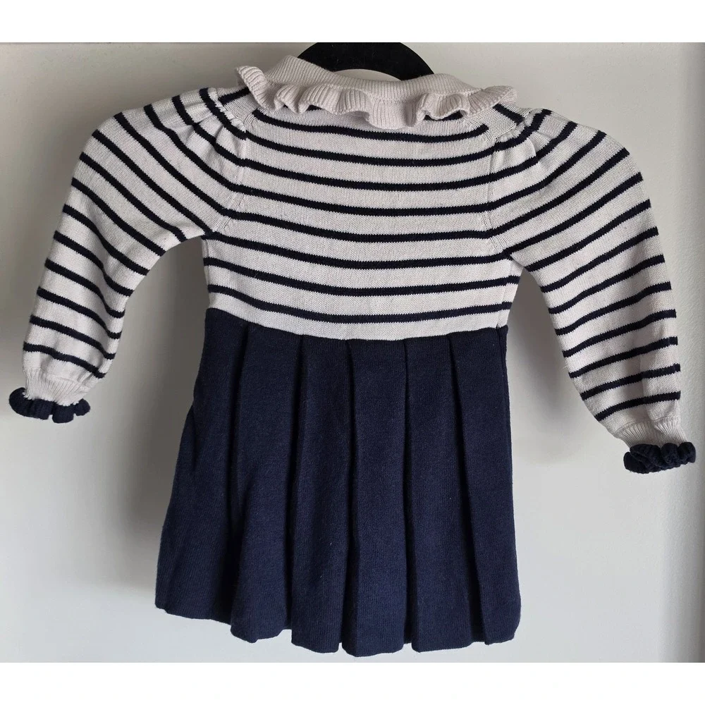 Cat & Jack Girls Striped Collared Long Sleeve Dress White Navy Preppy